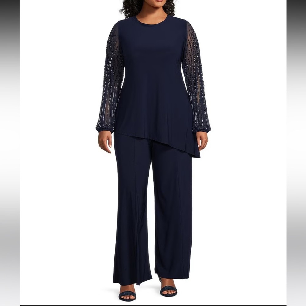 NWOT Marina Navy Blue Beaded Long Sleeve Jewel Neck 2-Piece Pant Set size 22W